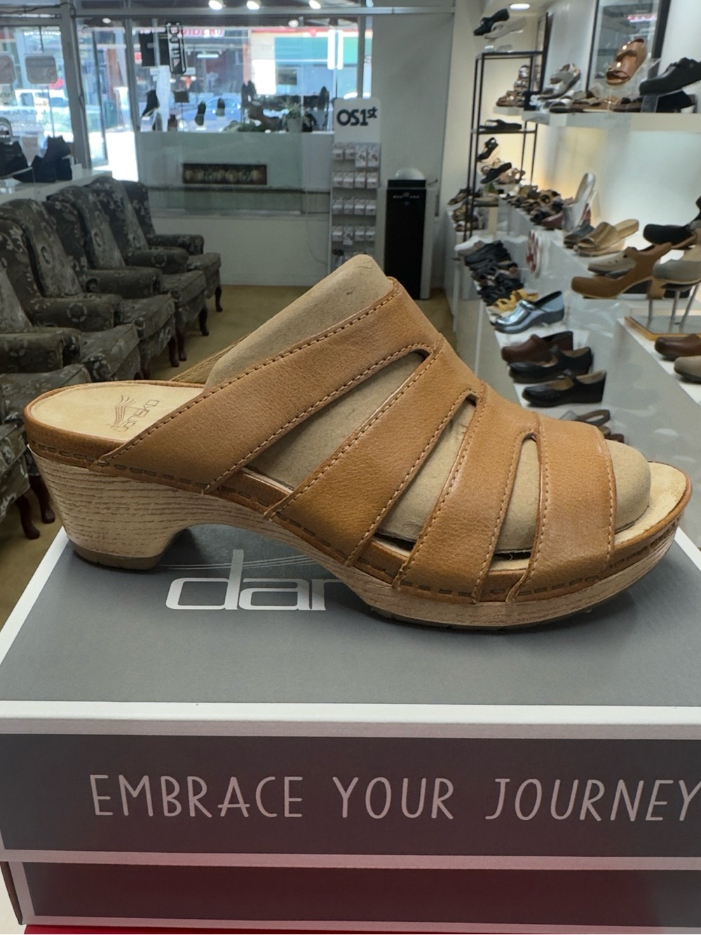 Dansko Tan Leather Slide Mule with Low Stacked Heel